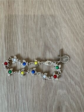 Silver Multicolor Flower Charm Bracelet with Cross
